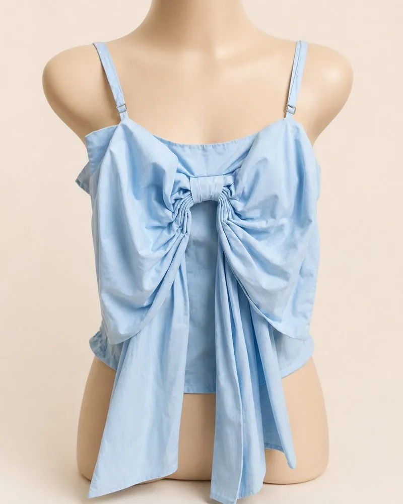 ROMWE Baby Blue Bow Front Cami Top Katun Poplin Tebal photo 1