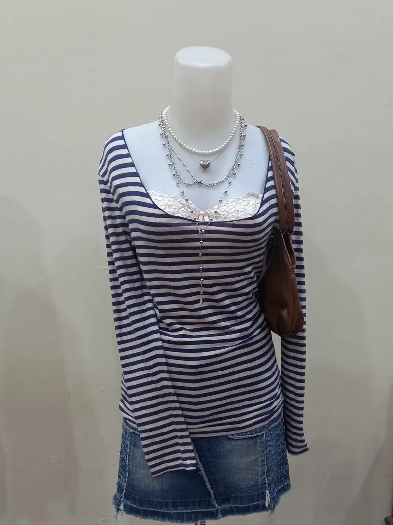Y2K Gyaru Striped Milkmaid Top Open Neckline

 photo 1