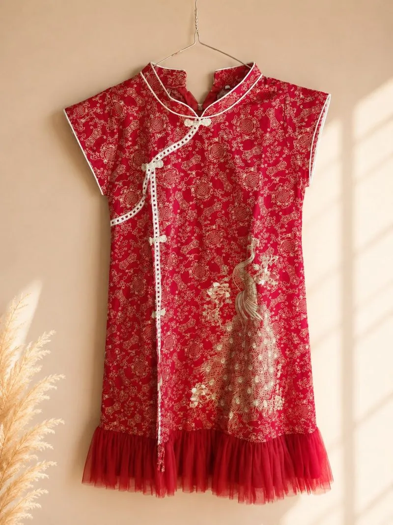 Dress Anak Cheongsam Merah Motif Merak Elegan photo 1