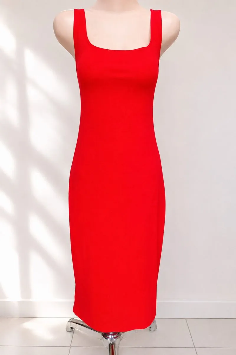 Bodycon Midi Dress Square Neck Merah Neon Stretch photo 1