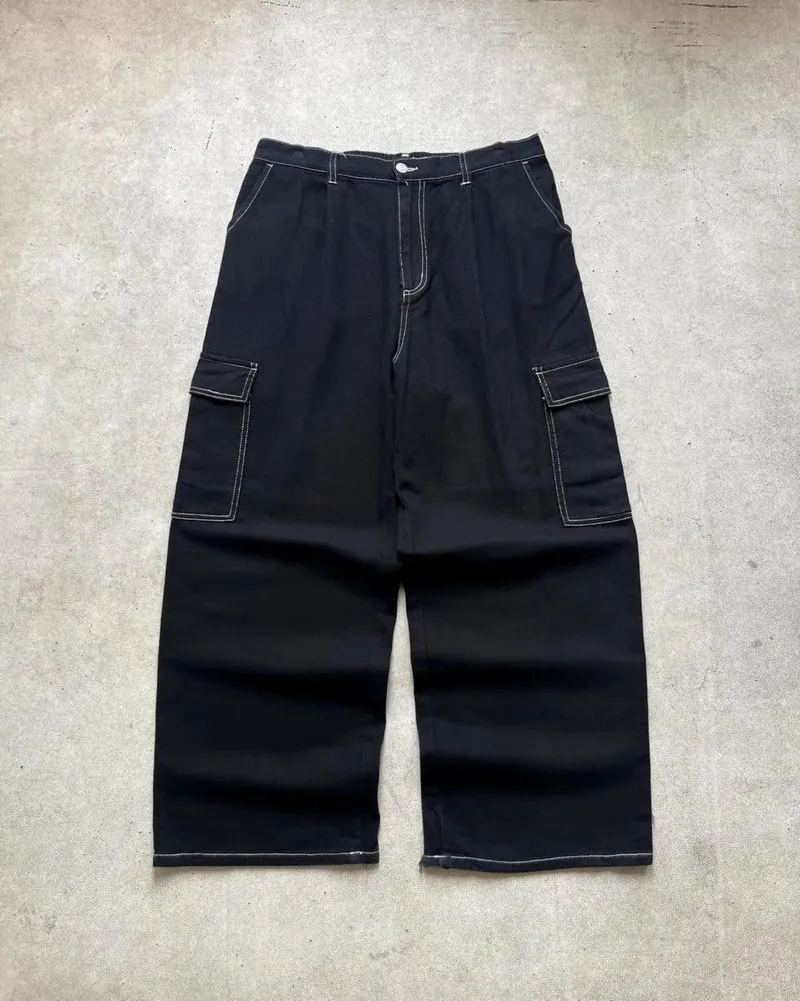 Basic cargo longpants contrast stitching black jeans, loose  photo 1