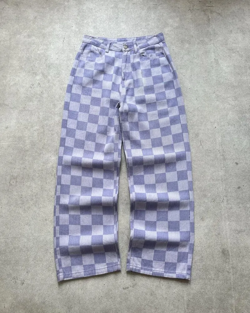 Cider denim longpants pattern checkerboard lilac jeans,loose photo 1