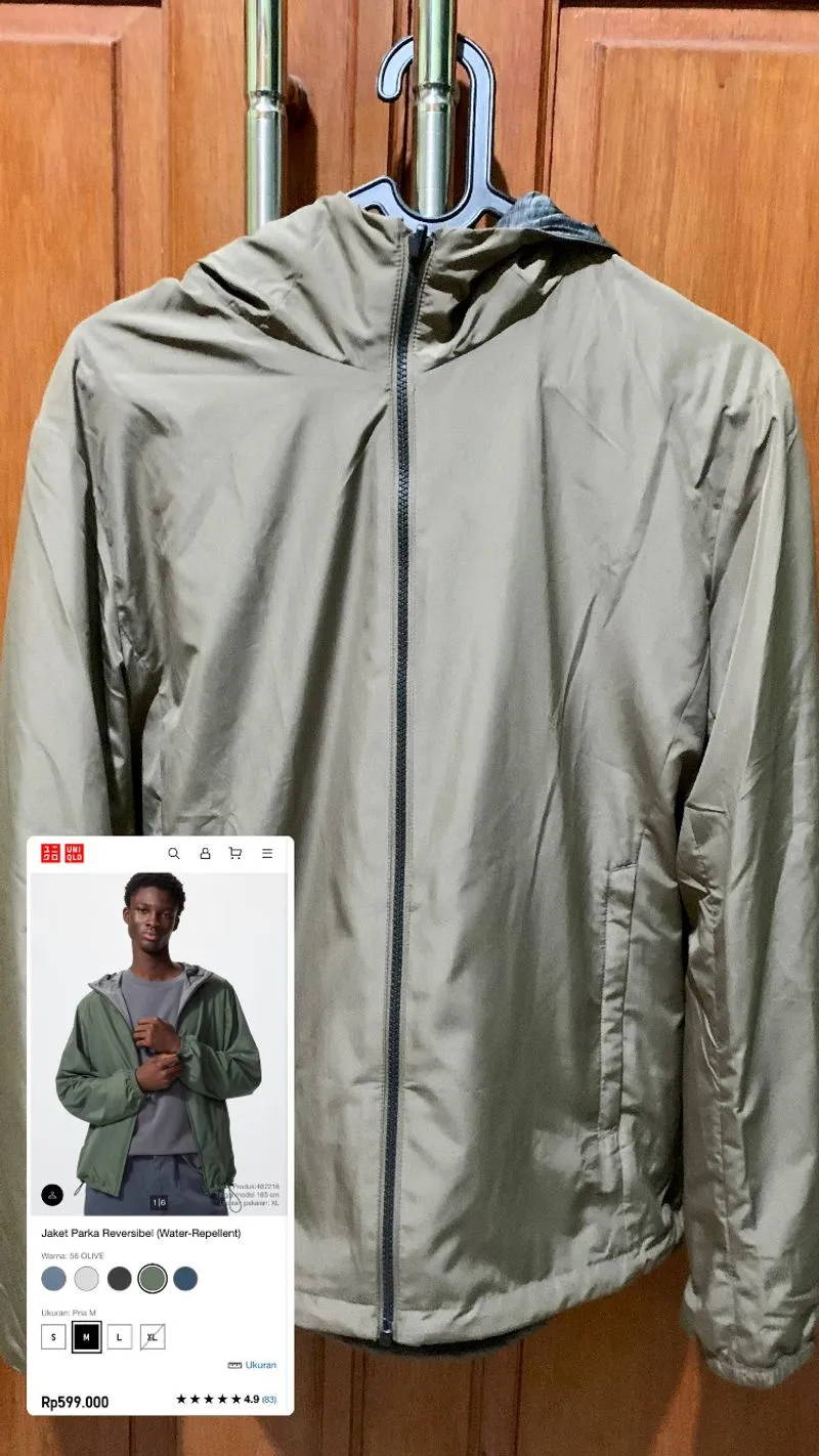 Jaket Uniqlo Reversible Parka Size M Water Repellent Olive G photo 1
