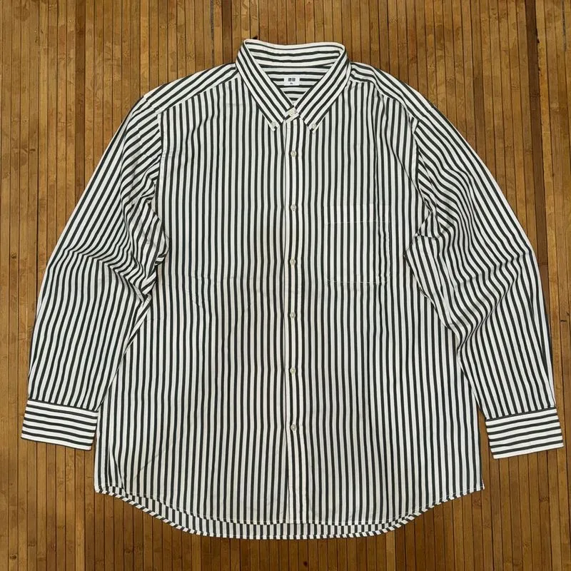 UNIQLO STRIPED GREEN WHITE BUTTON DOWN LONG SLEEVE SHIRT photo 1
