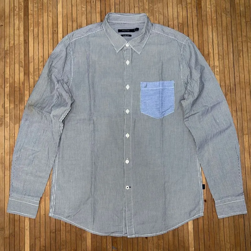 NAUTICA STRIPED GREY WHITE LONG SLEEVE OXFORD SHIRT photo 1