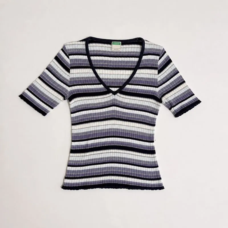 United Colors of Benetton Rib Knit Glitter Blue Striped Top photo 1