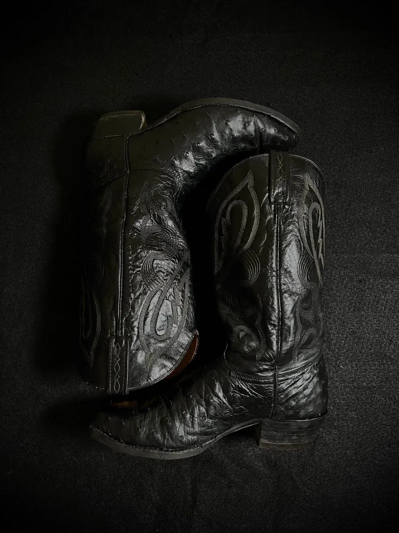 ༺ Vintage Boots Full Quil Ostrich Cowboy Embroidered Black  photo 1