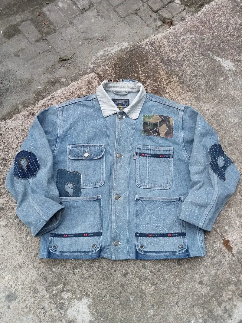 vtg 90s chore jacket rework sashiko patchwork embordery photo 1