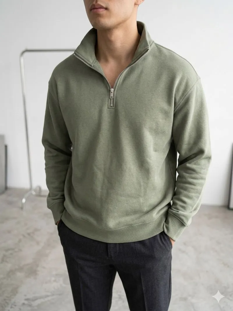 H&M Relaxed Fit Half Zip Sweatshirt Olive Green  photo 1