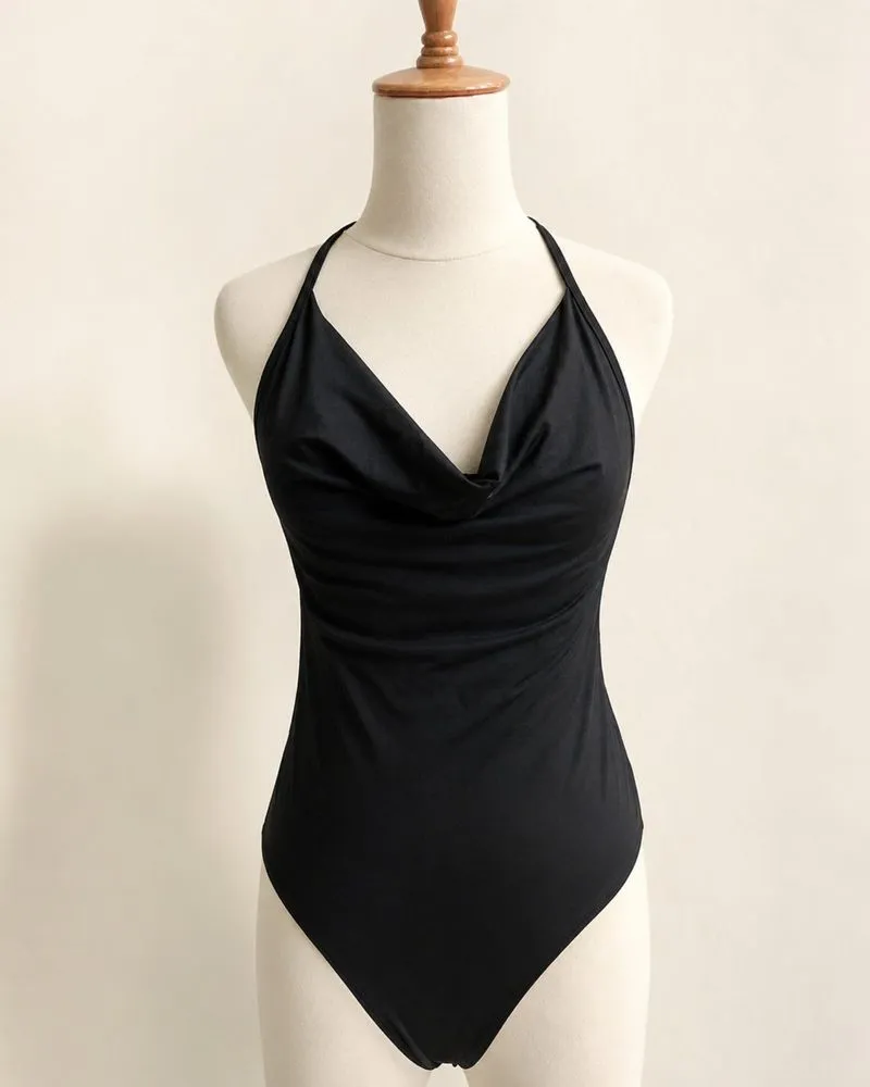 SHEIN Black Halter Backless Cowl Neck Bodysuit Like New Size photo 1