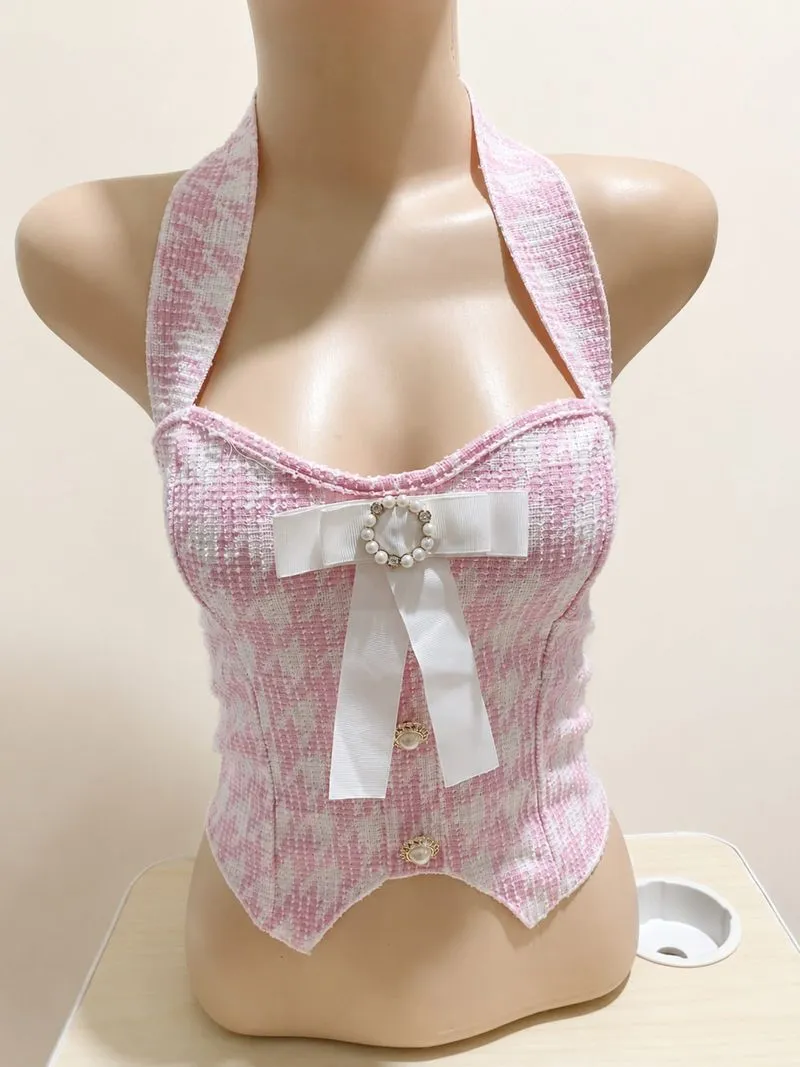 SHEIN MOD Pink Tweed Halter Corset Top Ribbon Pearl BNWT photo 1