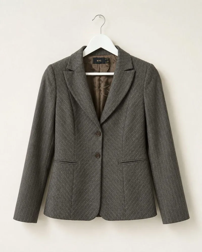 MANGO Wool Blend Pinstripe Blazer Abu Taupe Fitted  photo 1