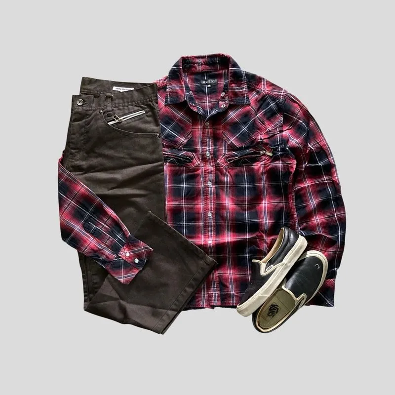 Kemeja vintage western plaid flanell veterano red black photo 1