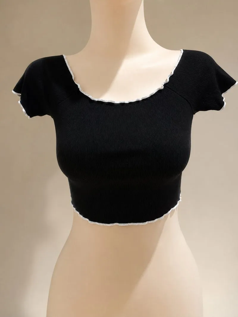 DAZY Black Ribbed Crop Top Contrast Trim Coquette Y2K Size S photo 1