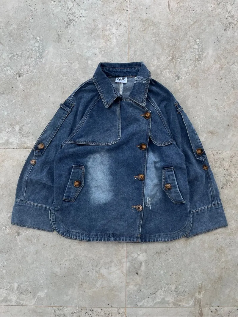 Two Baby Blue Asymmetric Button Denim Jacket photo 1