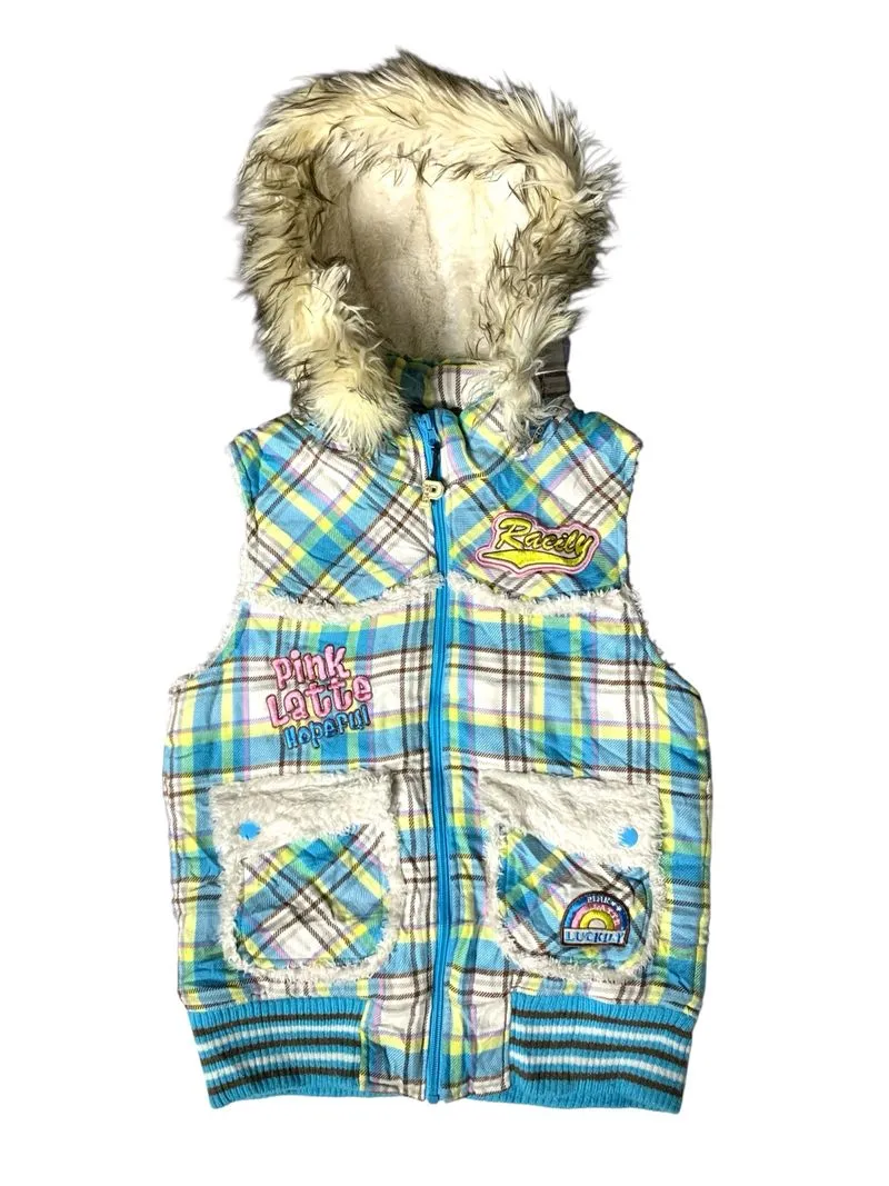 Pink latte plaid zipper detachable fur hooded  photo 1
