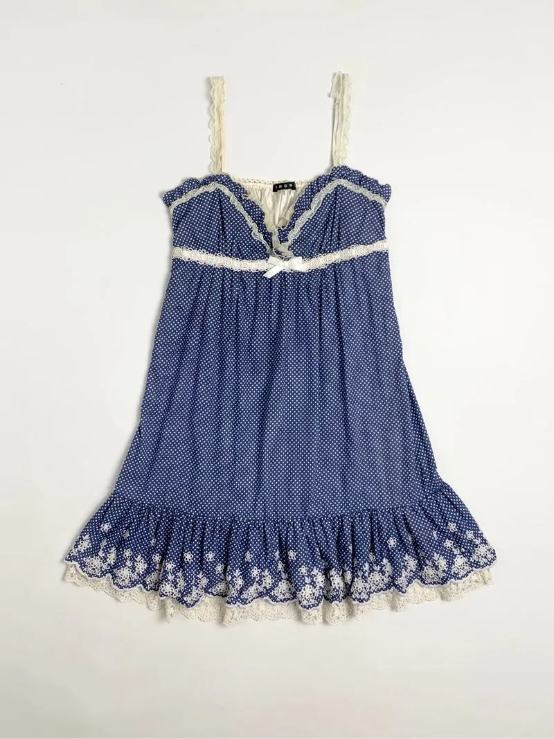 Y2k INGNI Polkadot Dress Lace Blue White photo 1