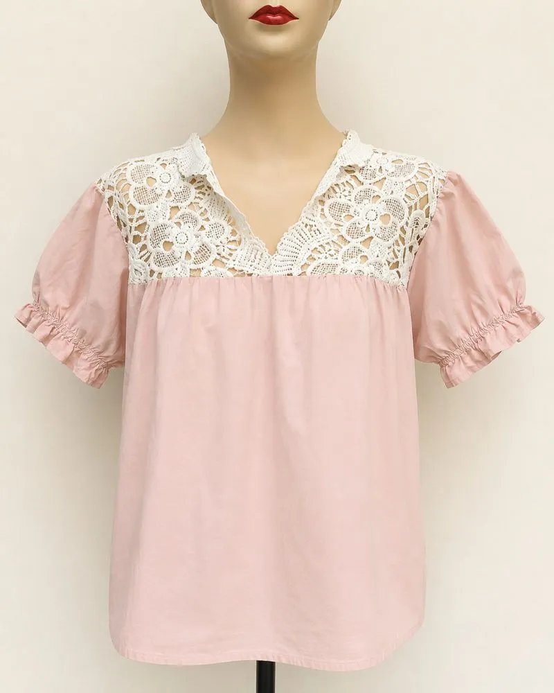 Blouse Katun Poplin Tebal Pink Pastel Lace Floral photo 1