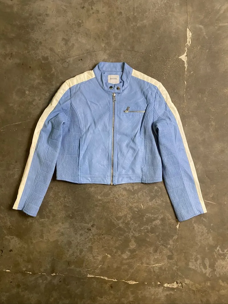 BERSHKA leather jacket biker boxy crop with stripe photo 1
