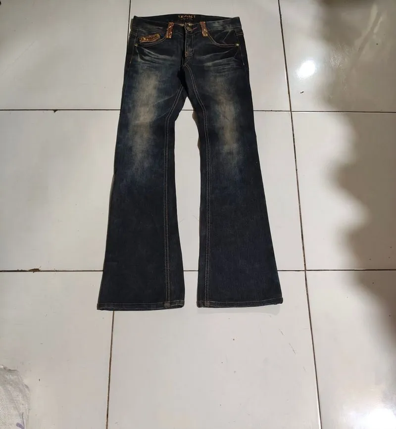Y2K Flare Jeans Dark Indigo | Embroidery Pocket photo 1