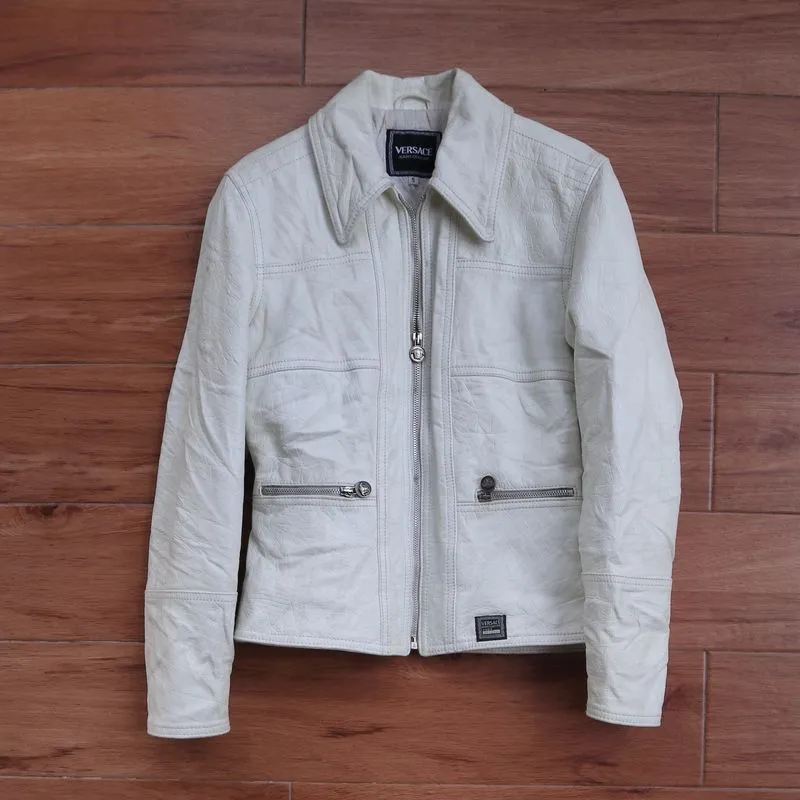 VERSACE kulit sapi Jaket kulit asli medusa putih slim casual photo 1