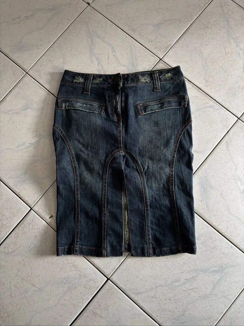 Paola Frani Italy Avant-Garde Curved Stitch Denim Skirt photo 1