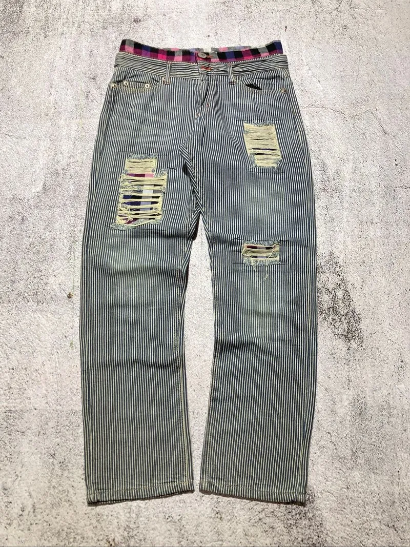 2000s Japanese Brand Double Waist Ripped Striped Pants photo 1