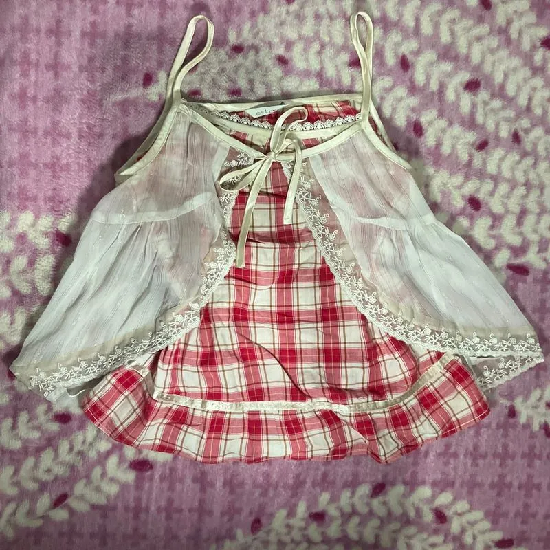 (SOLD) Coquette Lacey Plaid red and white Baby Doll Top  photo 1