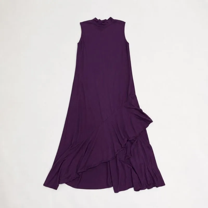 Deep Purple Ruffle Asymmetrical Dress Maxi High Neck photo 1