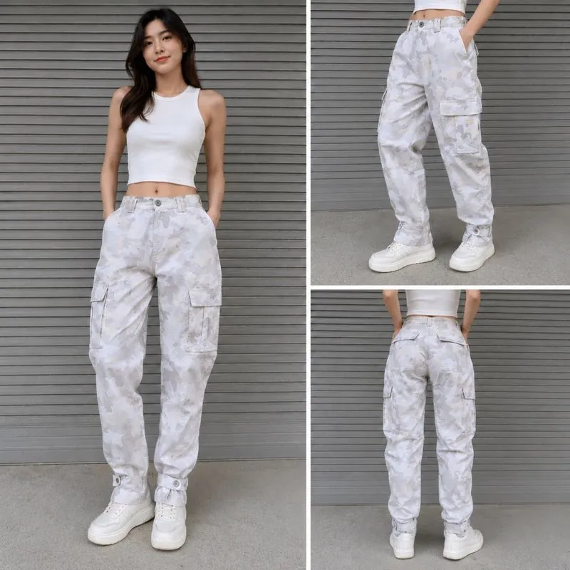 G277 - Celana Panjang Kargo High Waist Tapered Army Bershka photo 1