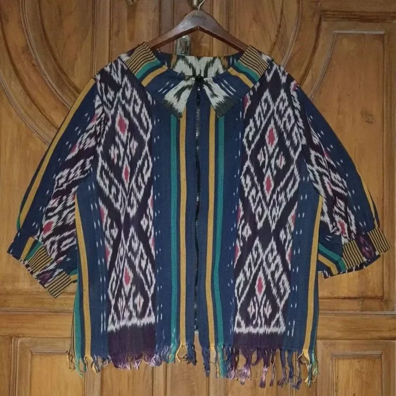Jaket Blouse Kerah Sailor Lengan Balon Wanita Tenun Navy photo 1