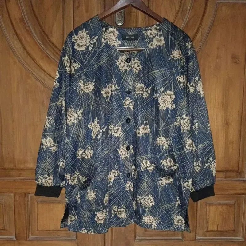 PETIT LIFE Jaket Wanita Navy Motif Bunga Bigsize LD 118 photo 1