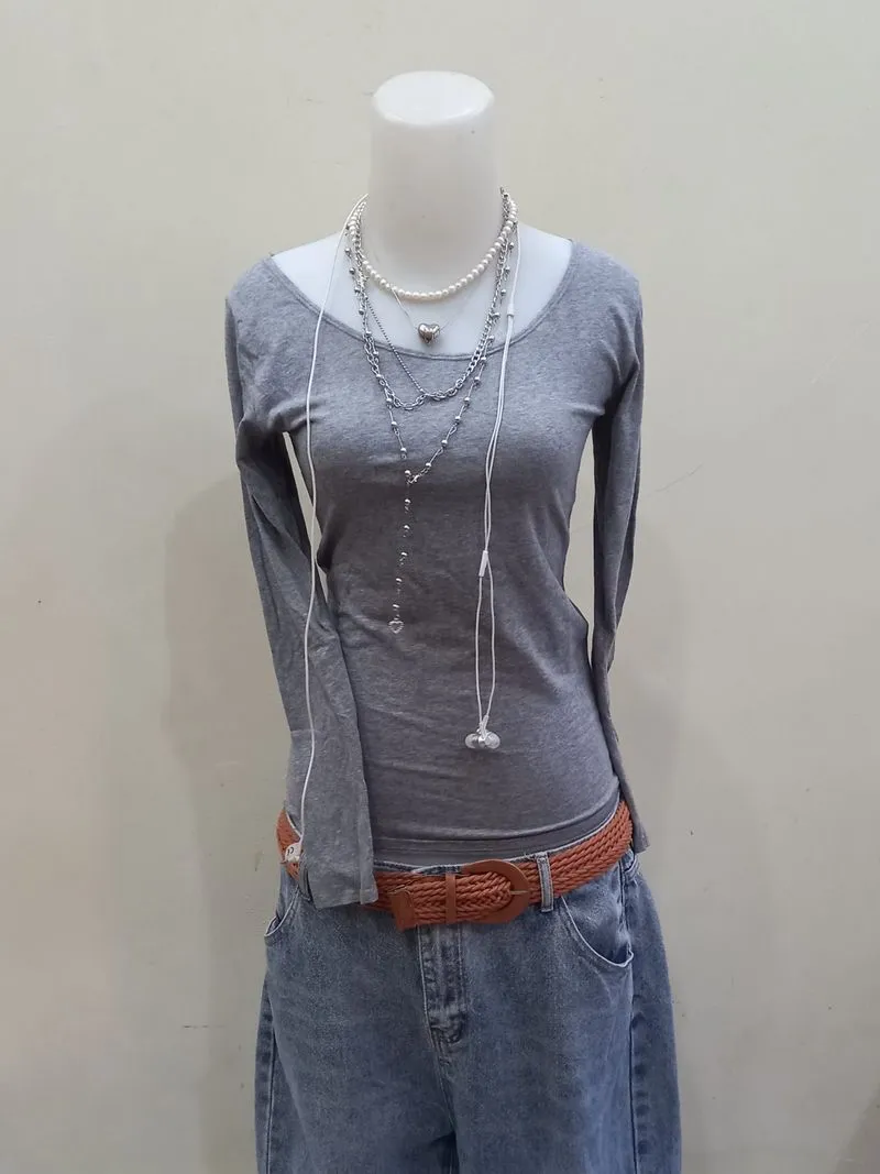 Acubi Style Minimalist Grey Basic Fitted Top Casual

 photo 1