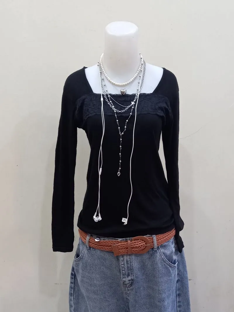 Y2K Milkmaid Coquette Black Lace Trim Long Sleeve

 photo 1