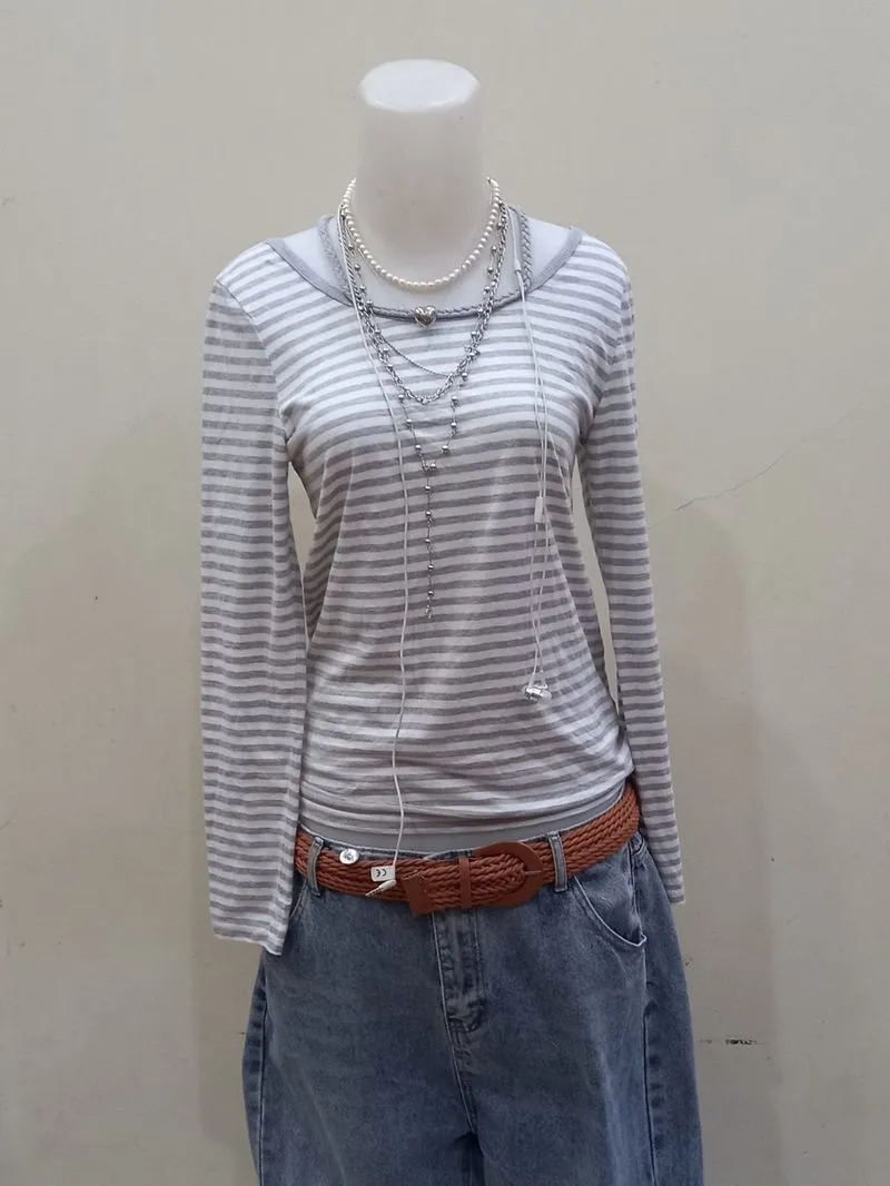 Vintage Grey and White Striped Fitted Top Retro

 photo 1