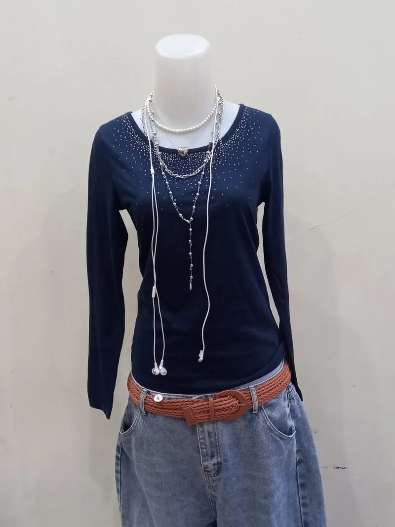 Vintage Chocol Raffine Rhinestone Navy Studded Long Sleeve

 photo 1