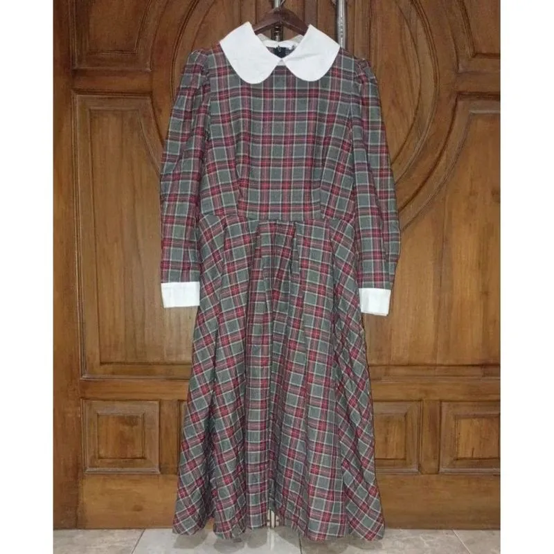 MAO YE SKY Dress Slimfit Flanel Wanita Tartan Abu Merah photo 1
