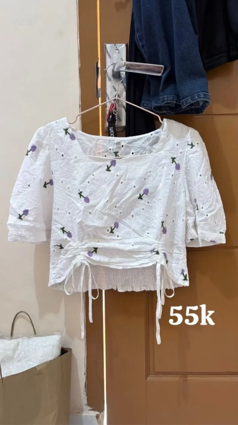 top katbol serut motif bunga floral smoke babydoll puffy photo 1
