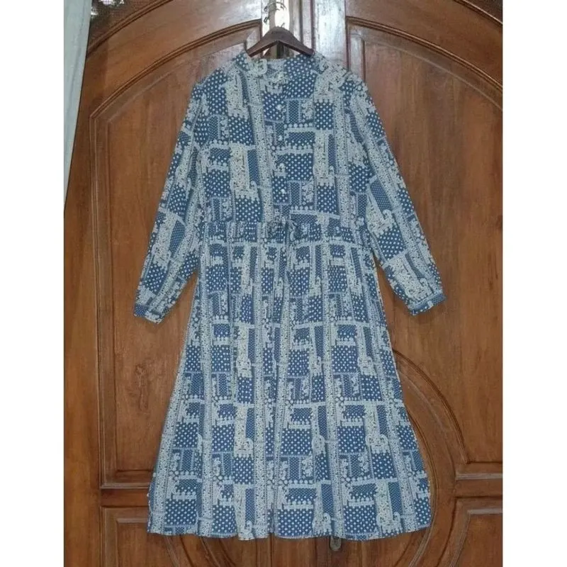 Dress Midi Gamis Wanita Biru Motif Tribal photo 1