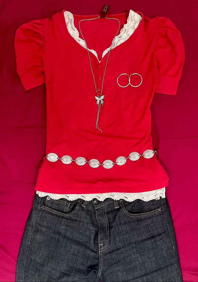 Red Henley Shirt with Puffed Sleeves photo 1