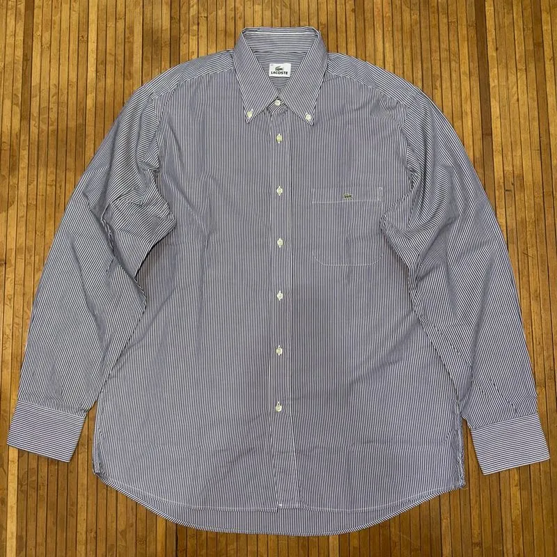 LACOSTE CASUAL BASIC STRIPED WHITE CHARCOAL BUTTON DOWN LONG photo 1