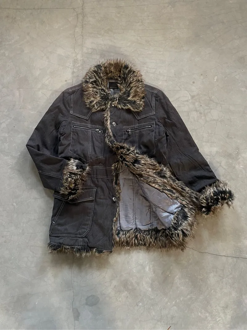 Y2k Grunge Emo Goth Vkei Japanese Denim Fur Jacket - Preloved
