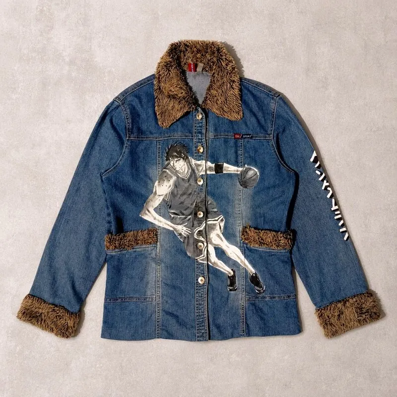 Jacket Denim Sherpa Custom Handpainted Slam Dunk art photo 1