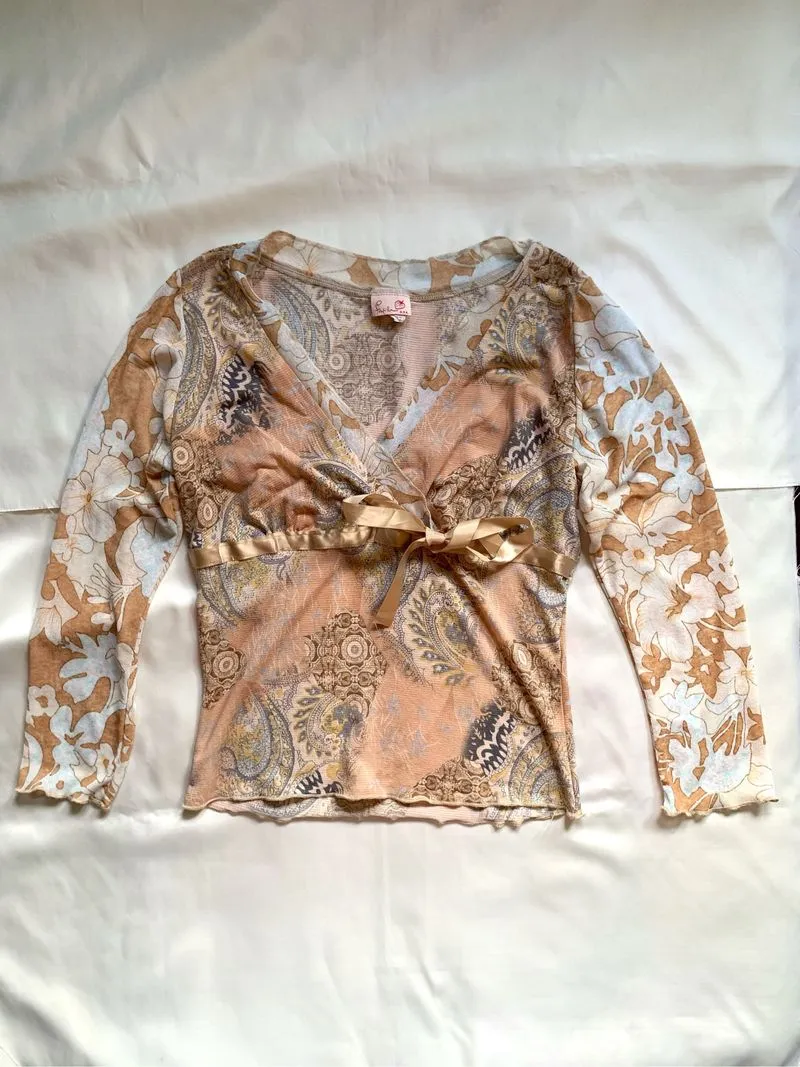Y2k Fairy Tuscan Mom Paisley Pink Floral With Ribbon Blouse  photo 1
