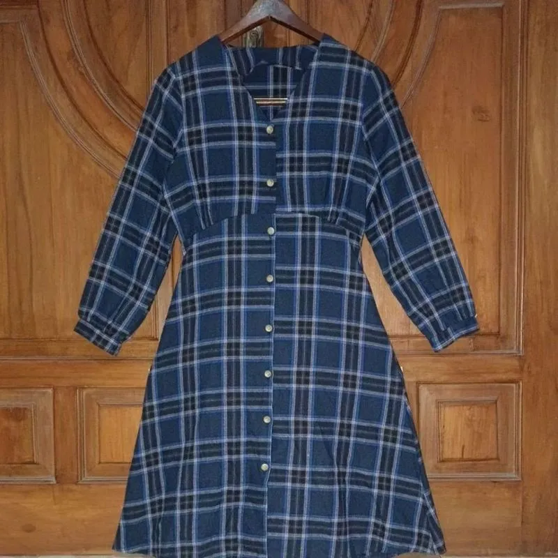 Dress Gamis Flanel Slimfit Wanita Tartan Navy LD 88 photo 1