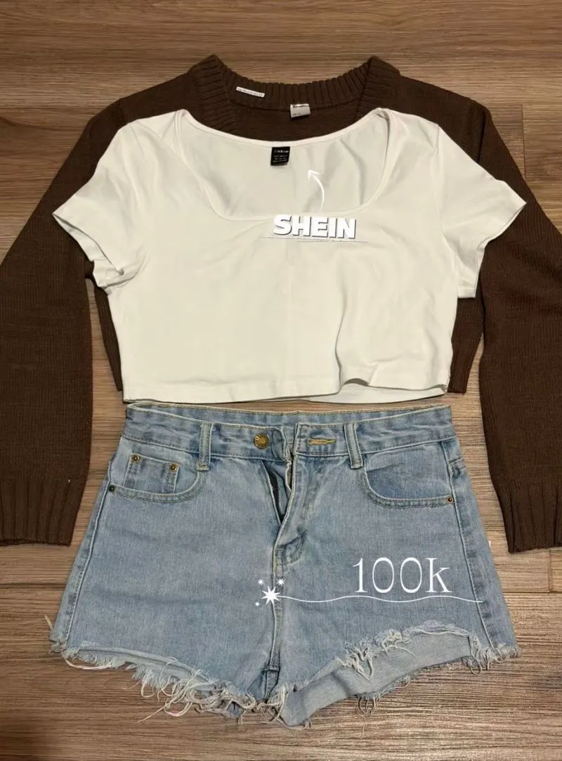 Oneset prolove brown cardigan top with denim shorts photo 1