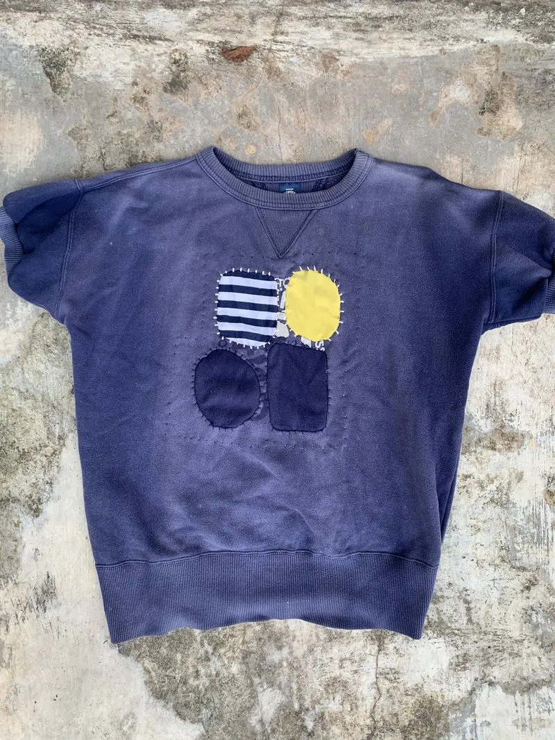 Sun faded Double V Short Sleeve Sweatshirt Sashiko Repaired  photo 1