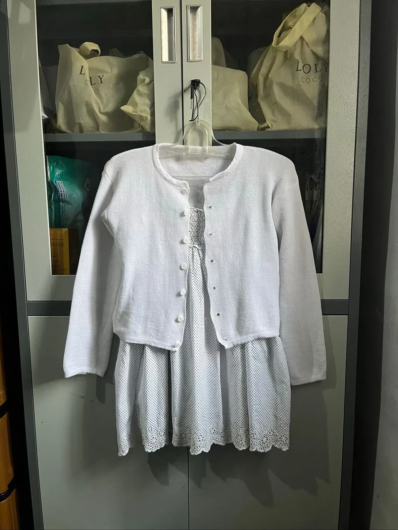 One set dress polkadot cardigan putih photo 1