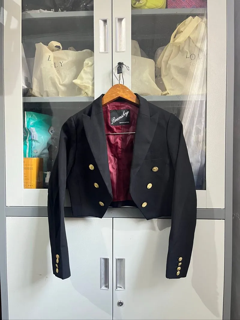 gold button cropped blazer photo 1