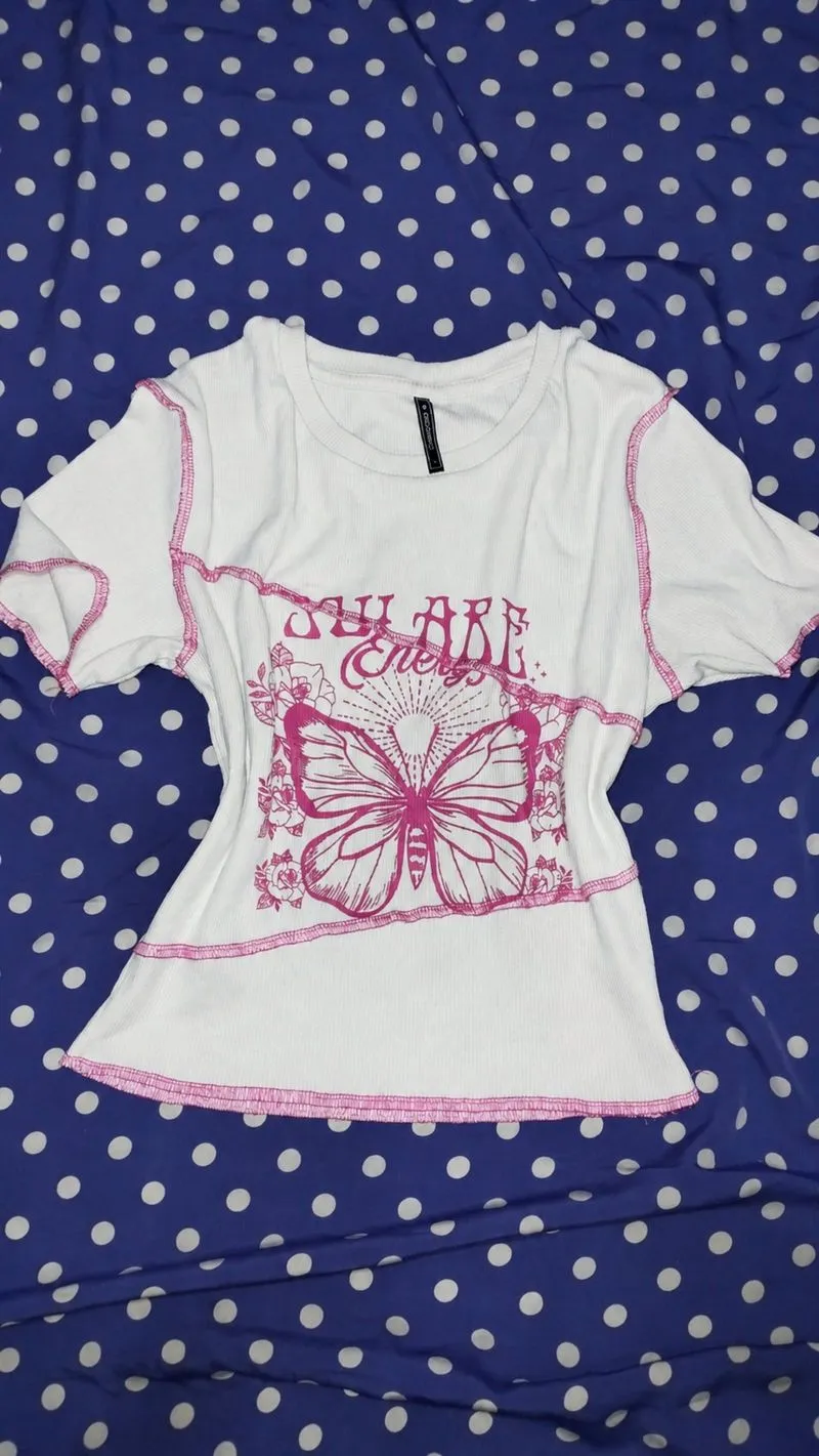 ✨ Y2K Butterfly Baby Tee Pink White | Sweet Fairycore photo 1